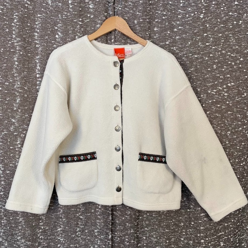 Vintage Liz&Co White Fleece Button Cardigan Sweater Poinsettia Trim Women's XS